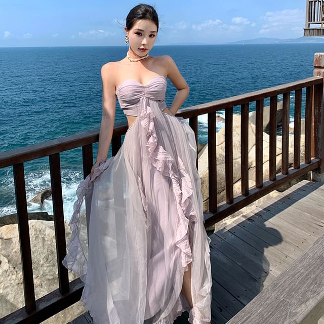 Moanum-Strapless Cutout Mesh Maxi A-Line Dress