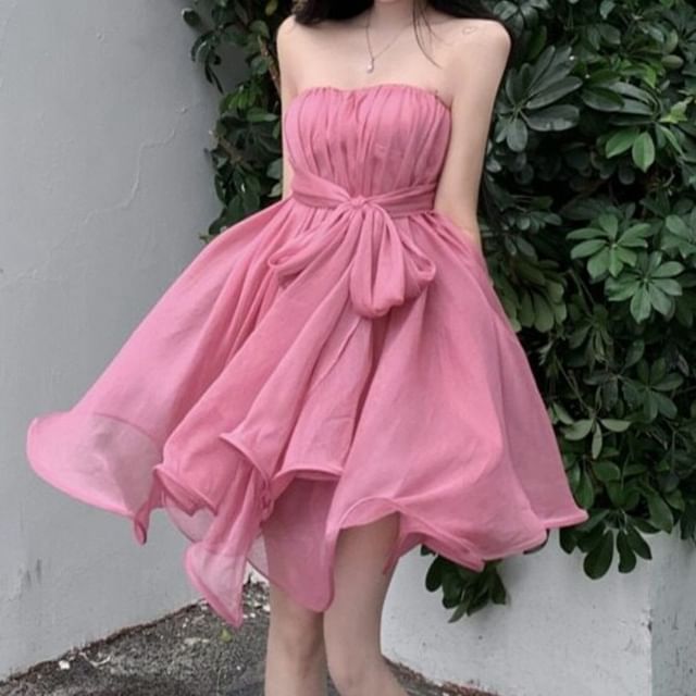 Moanum-Strapless Plain Bow Asymmetrical A-Line Dress
