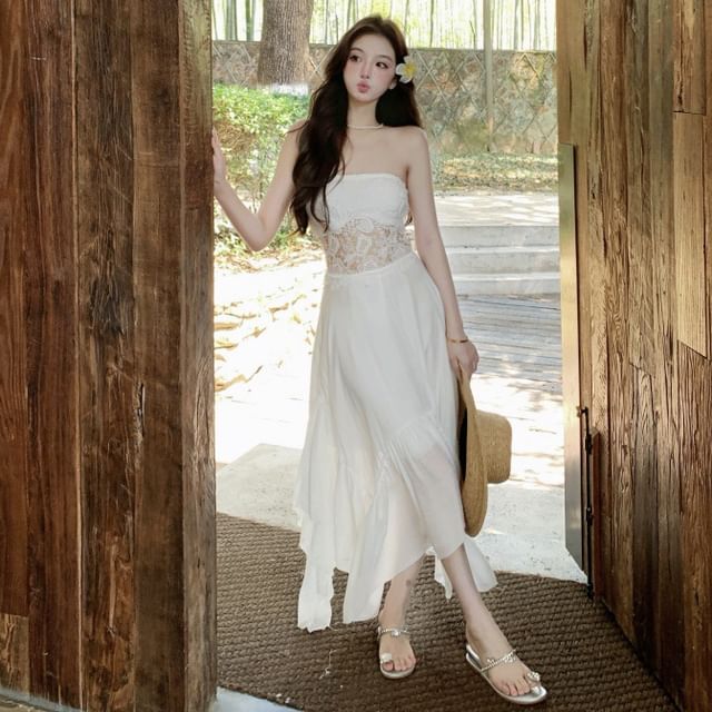 Moanum-Strapless Plain Lace Panel Maxi A-Line Dress