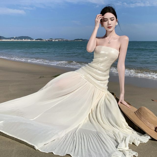 Moanum-Strapless Plain Maxi A-Line Dress