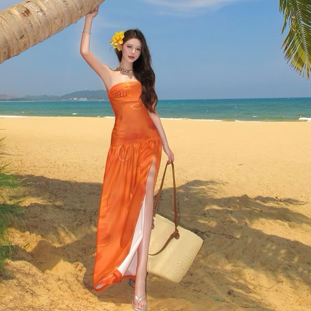 Moanum-Strapless Plain Maxi A-Line Dress