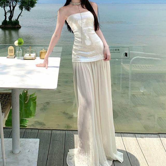Moanum-Strapless Sequin Panel Sheer Maxi A-Line Dress