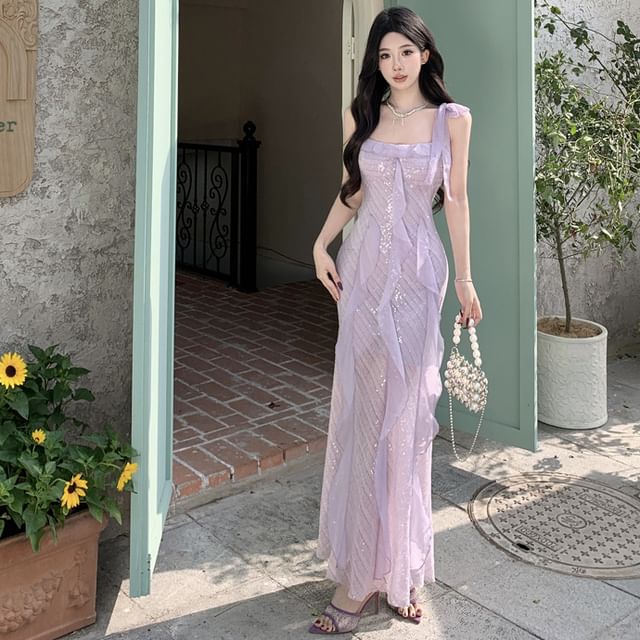 Moanum-Tie Shoulder Plain Sequin Panel Ruffle Maxi Sheath Dress