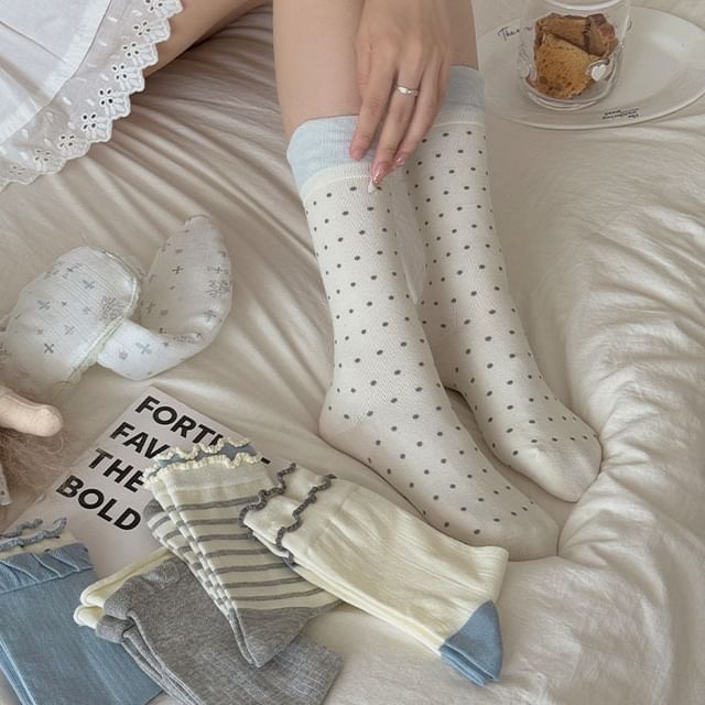 MOGLA-Dotted Socks Striped Socks Two Tone Socks