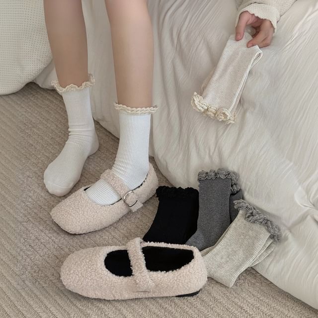 MOGLA-Frill Trim Ribbed Crew Socks