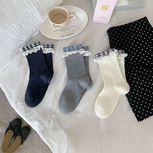 MOGLA-Gingham Panel Lace Trim Crew Socks