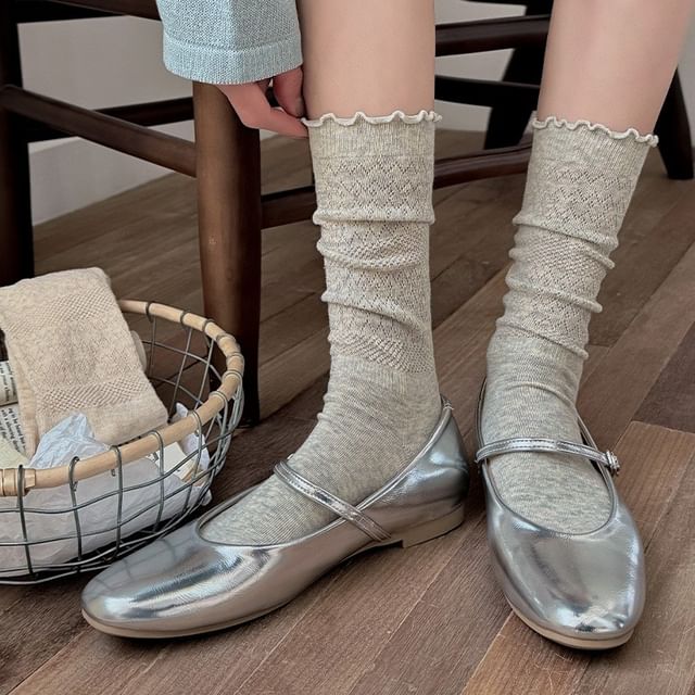 MOGLA-Plain Lettuce Edge Perforated Mid-Calf Socks