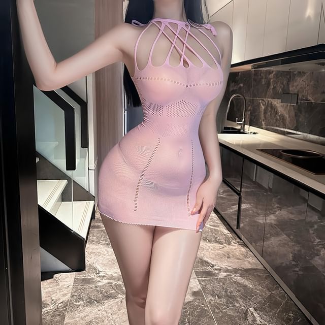 Momilove-Halter Plain Cutout Chemise