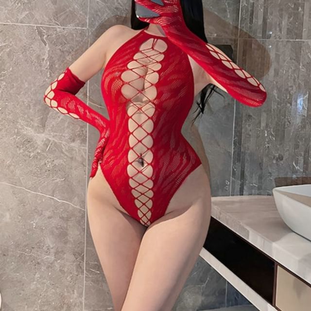 Momilove-Set Halter Plain Cutout Mesh Teddy Gloves