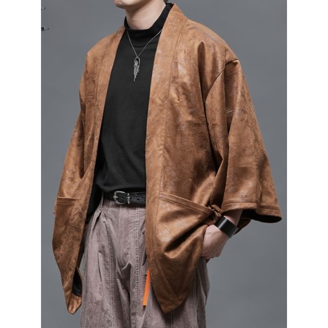 monochros-Faux Leather Open Front Jacket