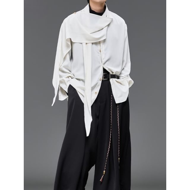 monochros-Long-Sleeve Asymmetrical Plain Shirt