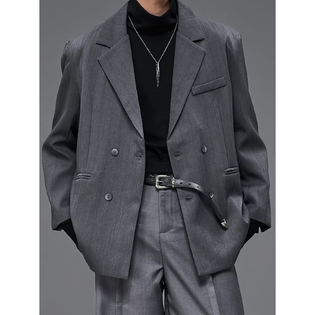 monochros-Notch Lapel Plain Double Breasted Blazer