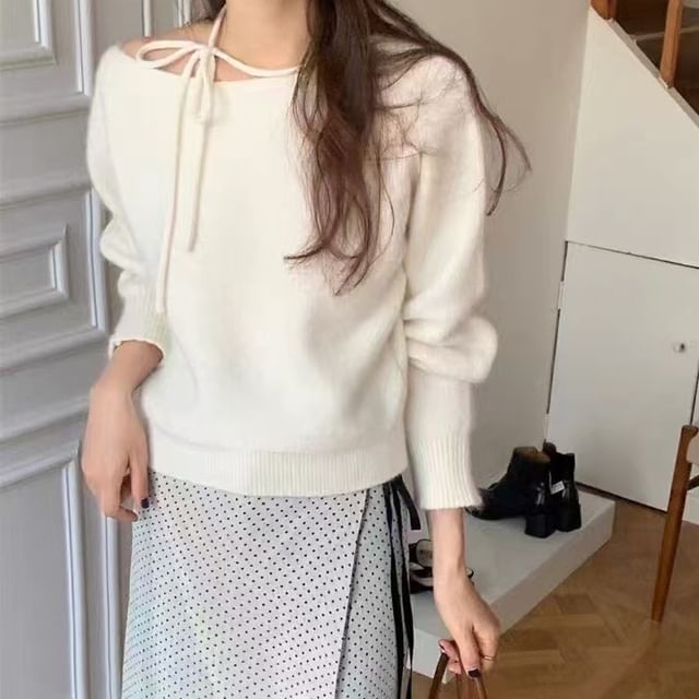 monroll-Boat Neck Plain Tie-Up Sweater