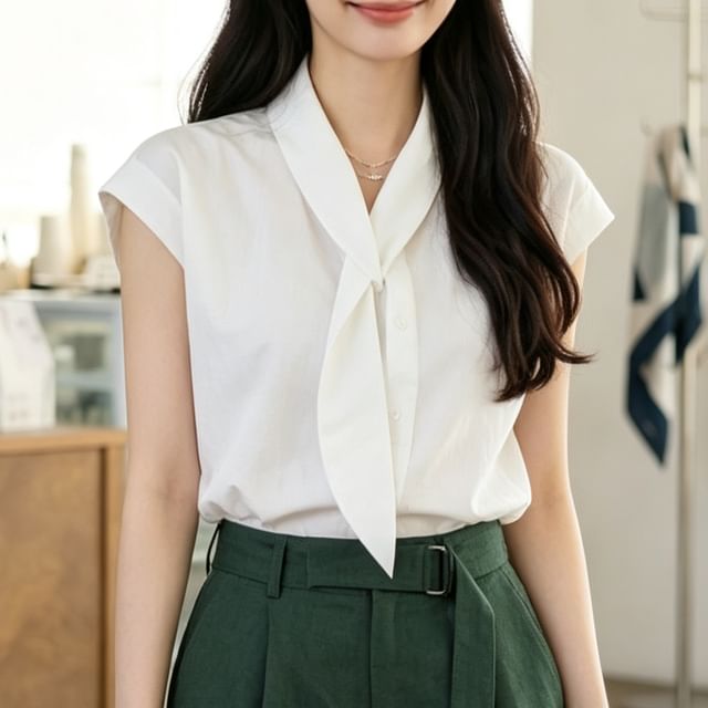 monroll-Cap-Sleeve V-Neck Tie Front Plain Crop Shirt