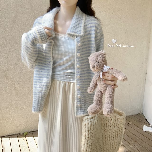 monroll-Collar Striped Contrast Trim Cardigan