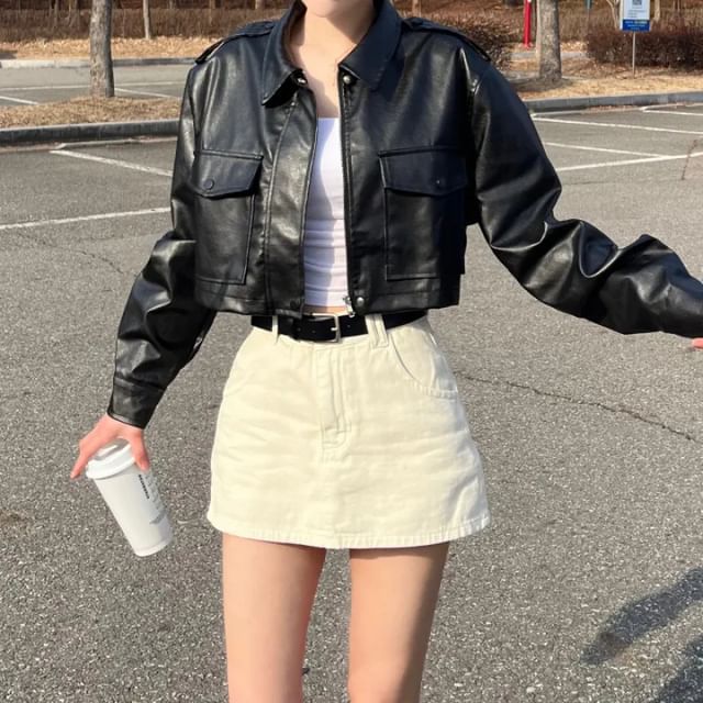 monroll-Collared Plain Flap Pocket Faux Leather Zip Jacket