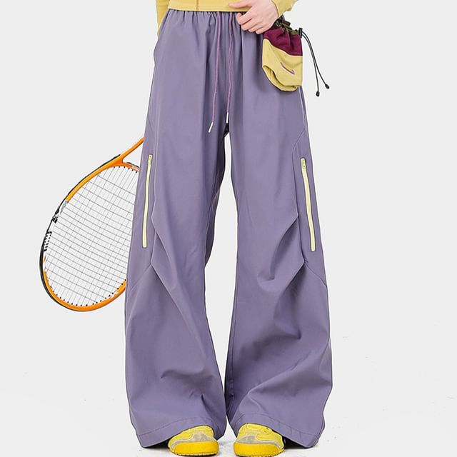 monroll-Drawstring Waist Contrast Zipper Wide Leg Cargo Pants