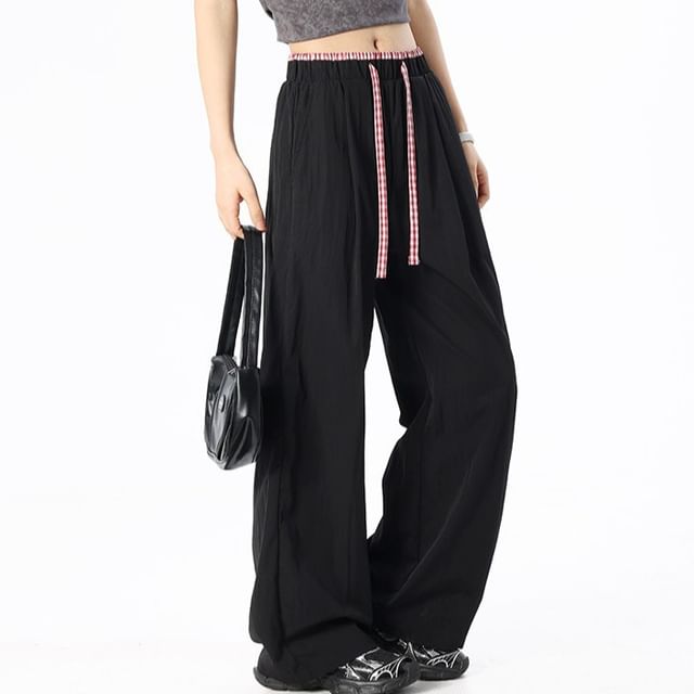 monroll-Drawstring Waist Plaid Panel Baggy Pants