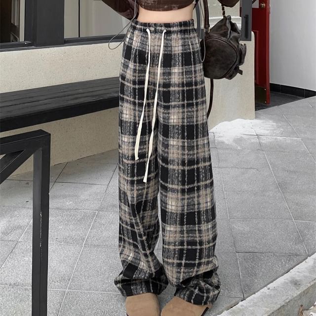 monroll-Drawstring Waist Plaid Wide Leg Pants