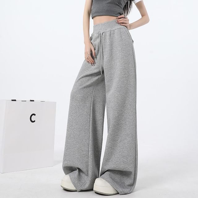 monroll-Drawstring Waist Plain Wide Leg Pants Various Designs