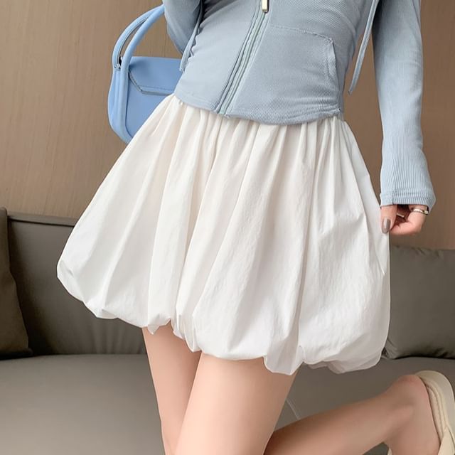 monroll-Elastic Waist Plain Bubble Mini A-Line Skirt