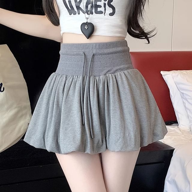 monroll-Elastic Waist Plain Bubble Mini A-Line Skirt