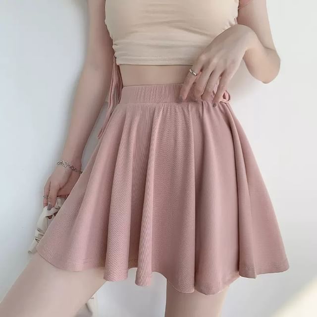monroll-Elastic Waist Plain Mini A-Line Skirt