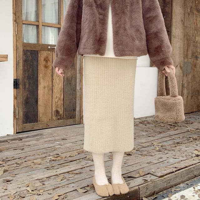 monroll-Fluffy Knit Midi Pencil Skirt