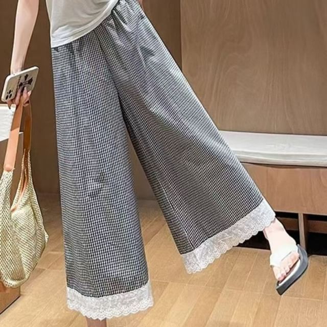 monroll-High Rise Plaid Wide Leg Pants