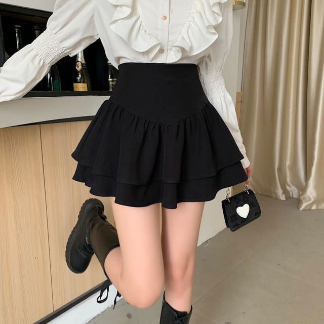 monroll-High Rise Plain Ruffle Trim Mini A-Line Skirt