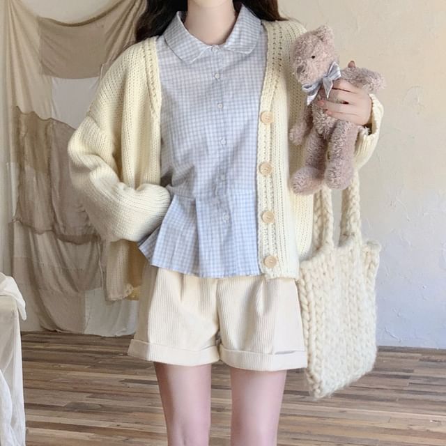 monroll-High Waist Plain Pleated Corduroy Shorts