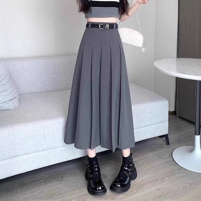 monroll-High Waist Plain Pleated Midi A-Line Skirt