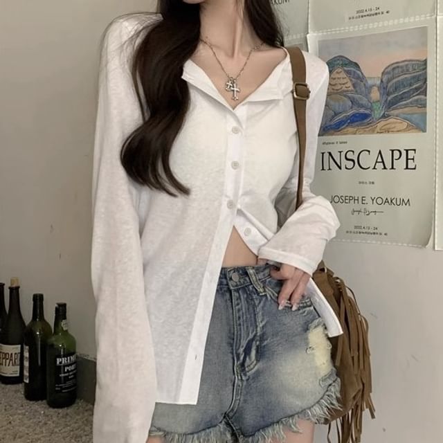 monroll-Long-Sleeve Button-Up Plain Top