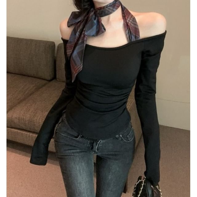 monroll-Long-Sleeve Cold Shoulder Plaid Panel T-Shirt