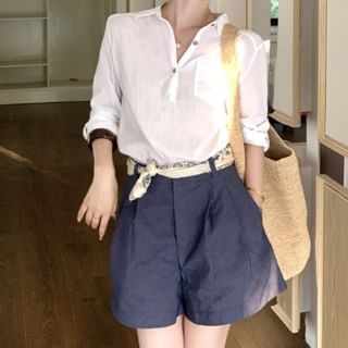 monroll-Long Sleeve Collared Plain Button Up Shirt High Waist Plain Wide Leg Shorts
