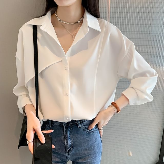 monroll-Long Sleeve Collared Plain Panel Shirt