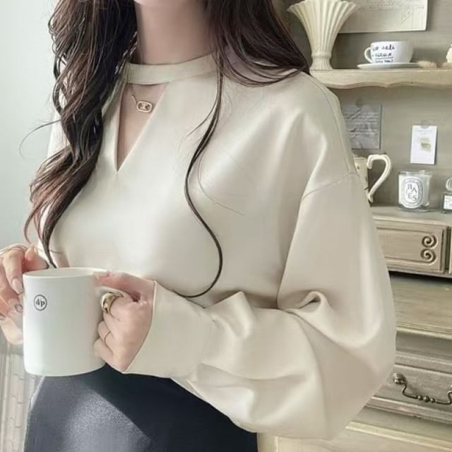 monroll-Long Sleeve Crew Neck Keyhole Plain Blouse