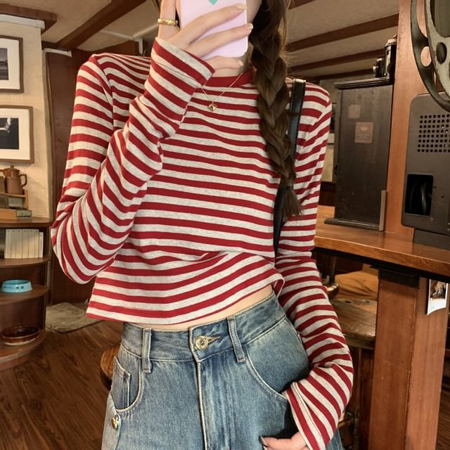 monroll-Long Sleeve Crew Neck Striped Crop T-Shirt