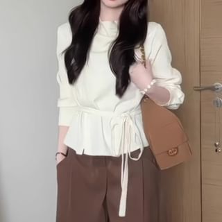 monroll-Long-Sleeve Mock Neck Plain Tie Waist Blouse