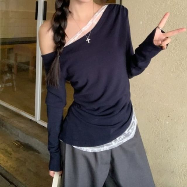 monroll-Long-Sleeve Off Shoulder Plain Lace Trim Tee