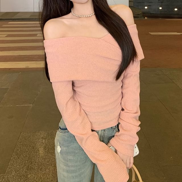 monroll-Long-Sleeve Off Shoulder Plain Wrap Ribbed Tee