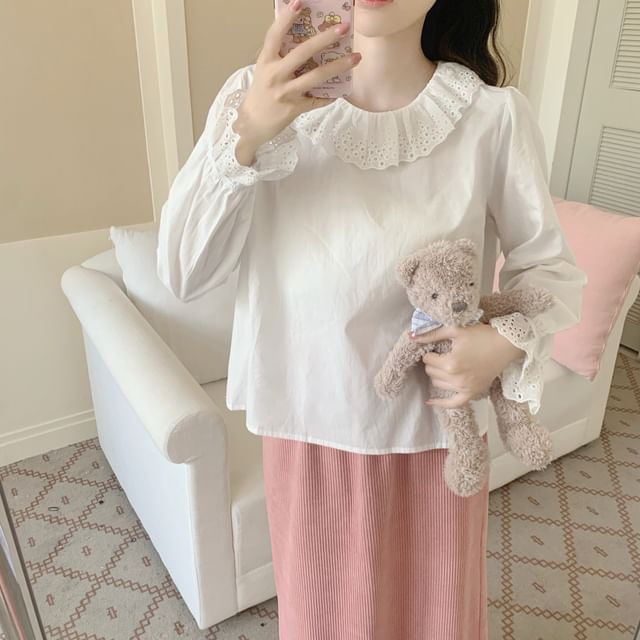 monroll-Long-Sleeve Plain Lace Trim Blouse