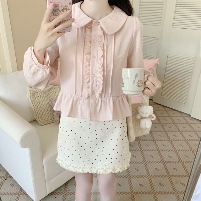 monroll-Long-Sleeve Plain Pintuck Frill Trim Blouse