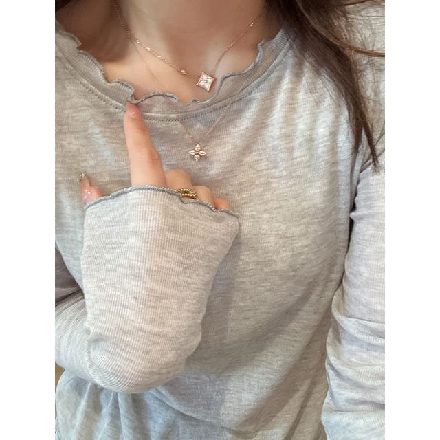 monroll-Long-Sleeve Round Neck Plain Lettuce Edge Sheer Tee