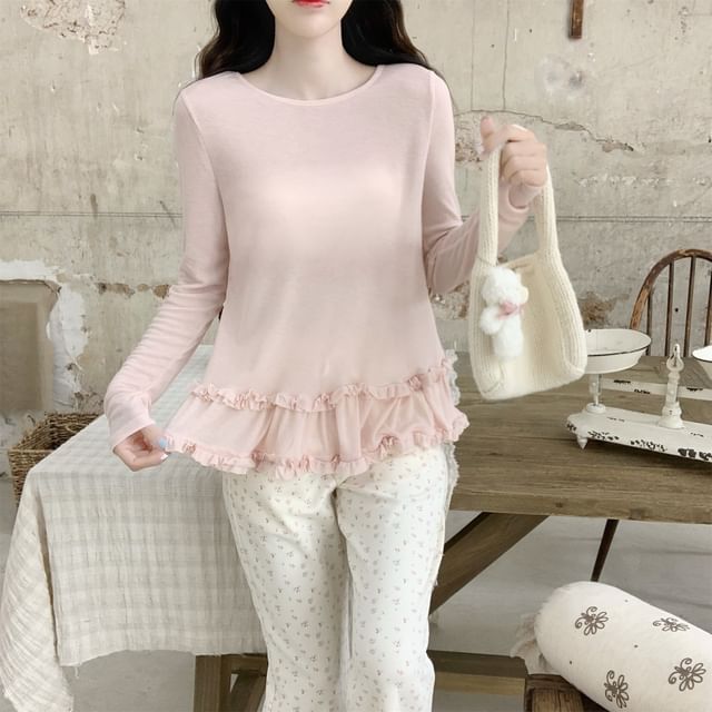 monroll-Long Sleeve Round Neck Plain Ruffle Top