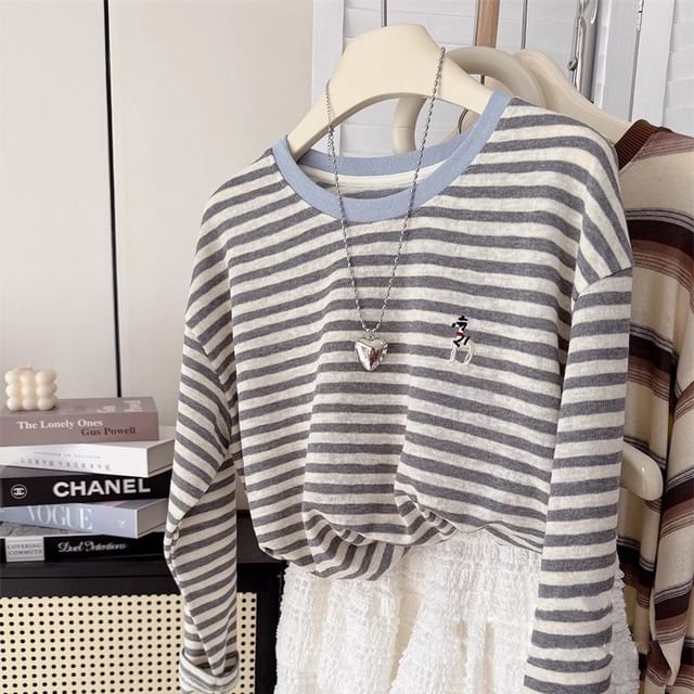 monroll-Long Sleeve Round Neck Striped Tee