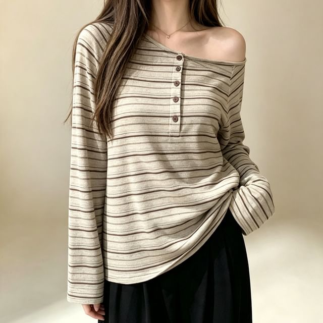 monroll-Long-Sleeve Striped Henley T-Shirt