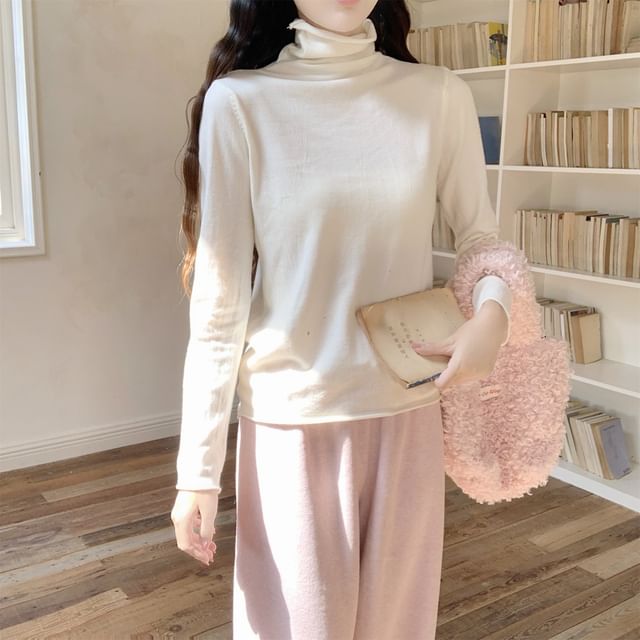 monroll-Long-Sleeve Turtleneck Plain Knit Top