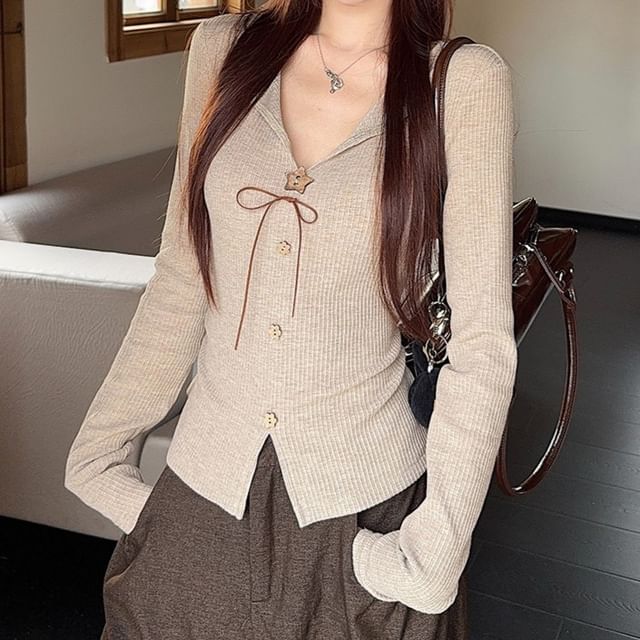 monroll-Long-Sleeve V-Neck Plain Ribbed Knit Top