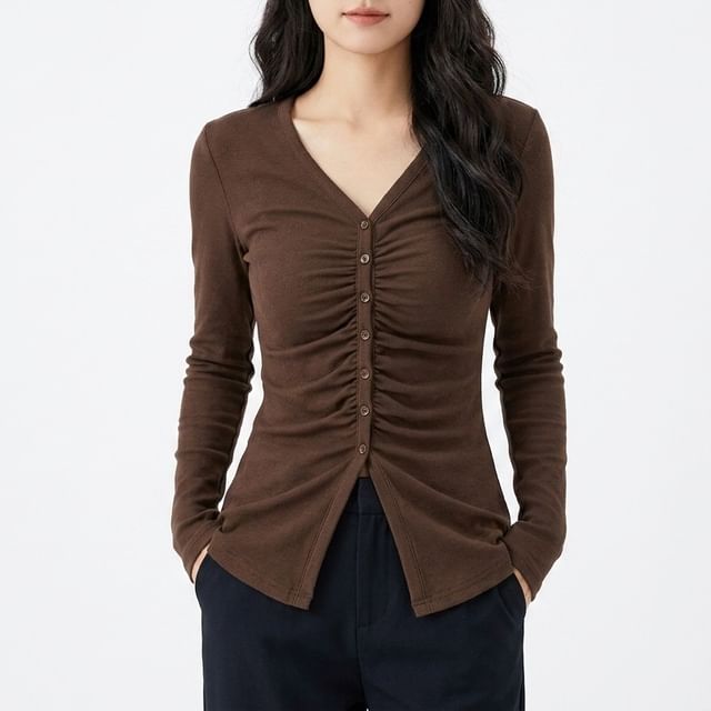 monroll-Long-Sleeve V-Neck Plain Ruched Tee